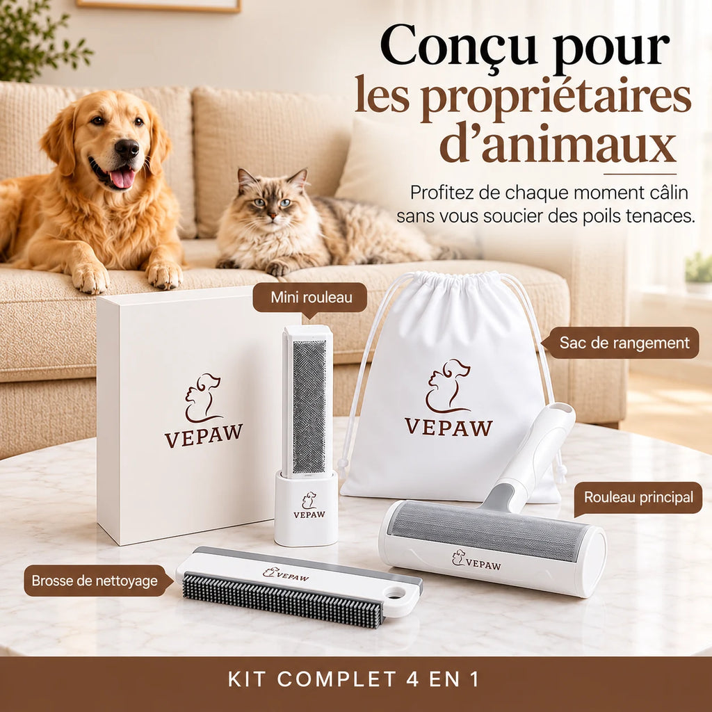 Kit Anti-Poils VEPAW™ pour Chiens & Chats – Rouleau Réutilisable & Brosse de Précision