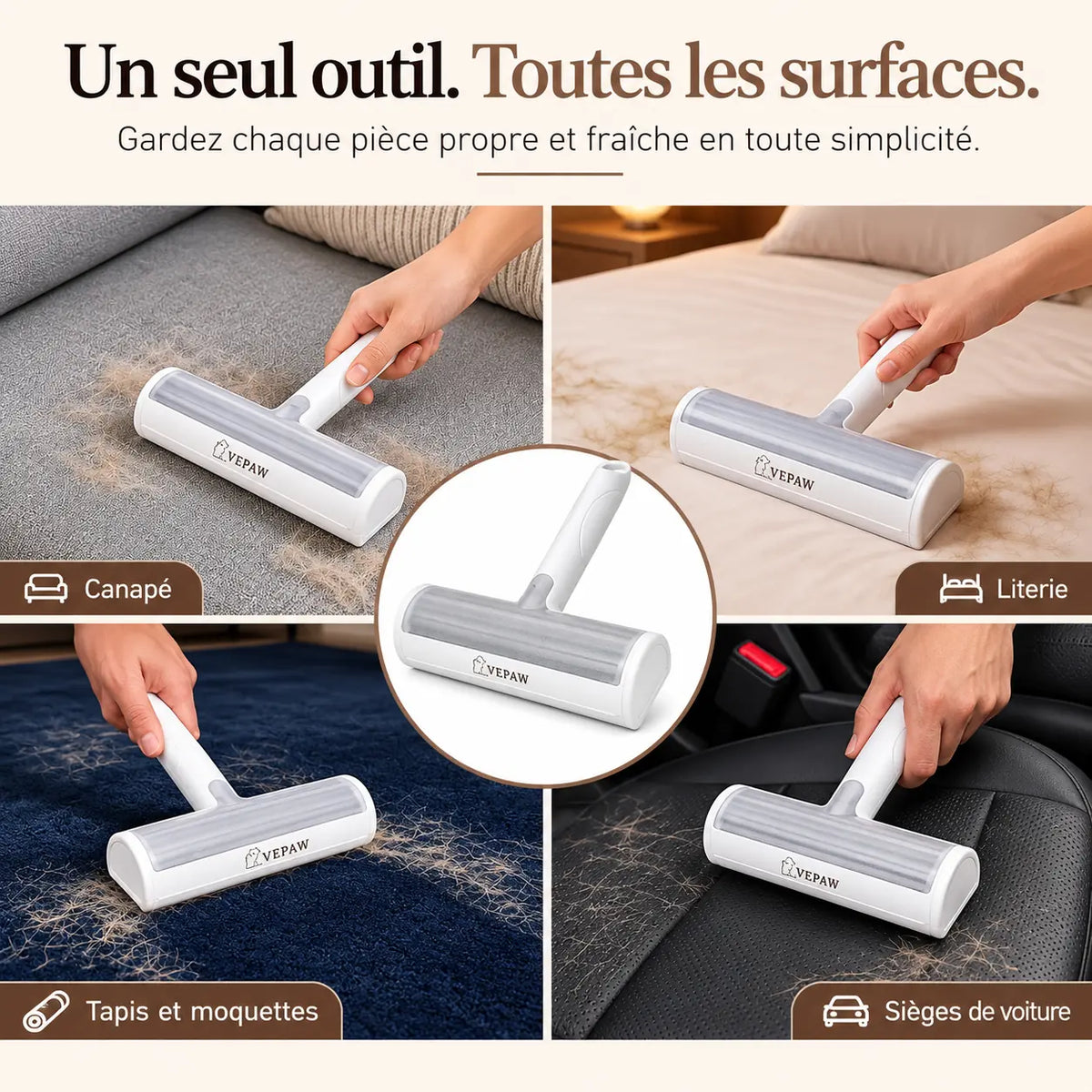 Kit Anti-Poils VEPAW™ pour Chiens & Chats – Rouleau Réutilisable & Brosse de Précision